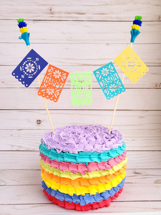 Papel picado cake topper Mexican theme cake topper Fiesta cake topper First fiesta cake decor Birthday fiesta topper Wedding cake decor (Ea)